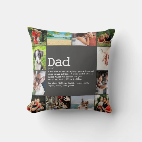 Custom Dad Definition Photo Collage Gray Throw Pillow