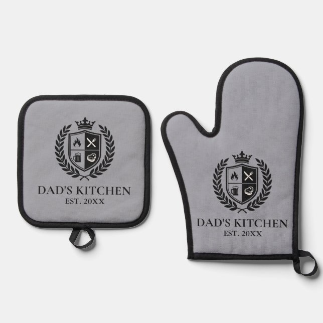 Custom Dad’s Kitchen Crest BBQ Grill Master Oven Mitt & Pot Holder Set (Front)