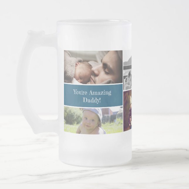 Custom daddy photo collage blue frosted glass beer mug (Left)