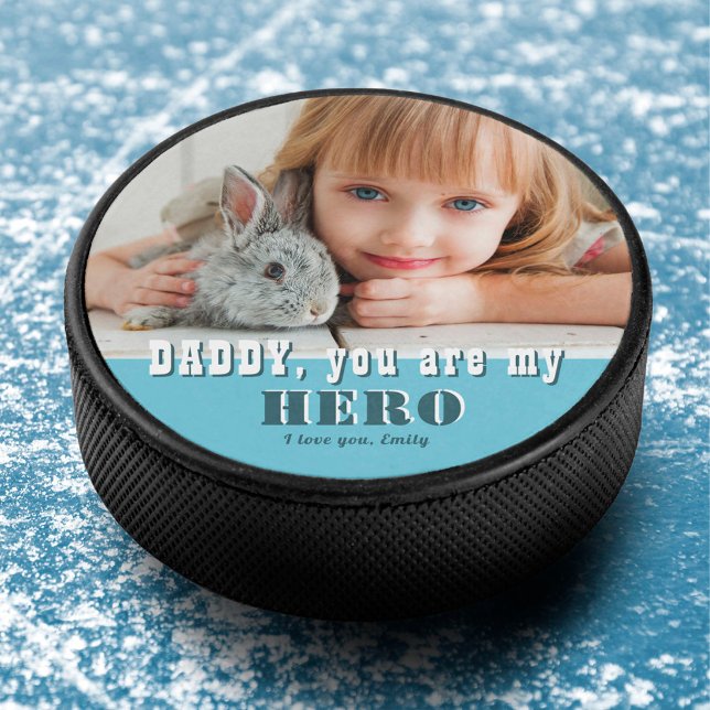 Custom Daddy you are my Hero Family Photo  Hockey Puck (Creator Uploaded)