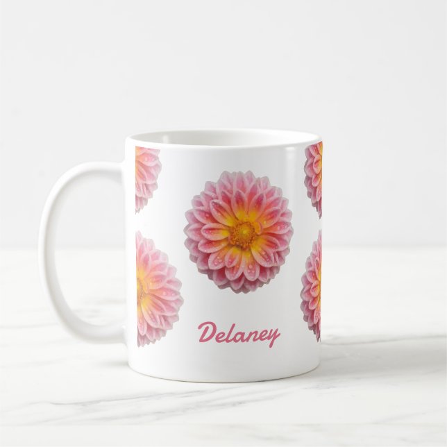 Custom Dahlia and Dew Drops Coffee Mug (Left)