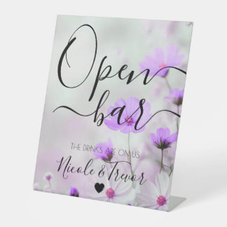 Custom Dainty Purple Flowers Wedding Open Bar Pedestal Sign