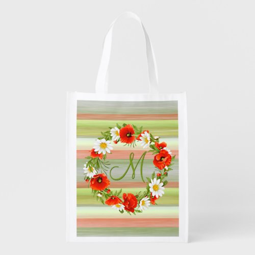 Custom Daisies Poppies Monogram Flower Wreath Grocery Bag