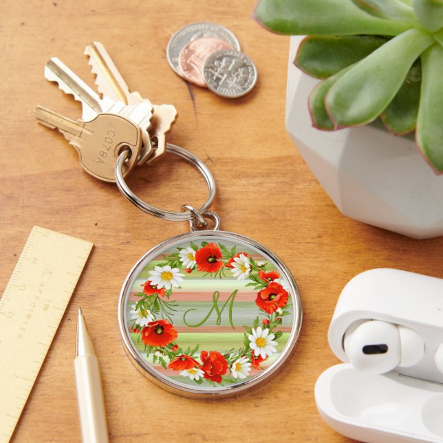 Custom Daisies Poppies Monogram Flower Wreath Keychain (Desk)