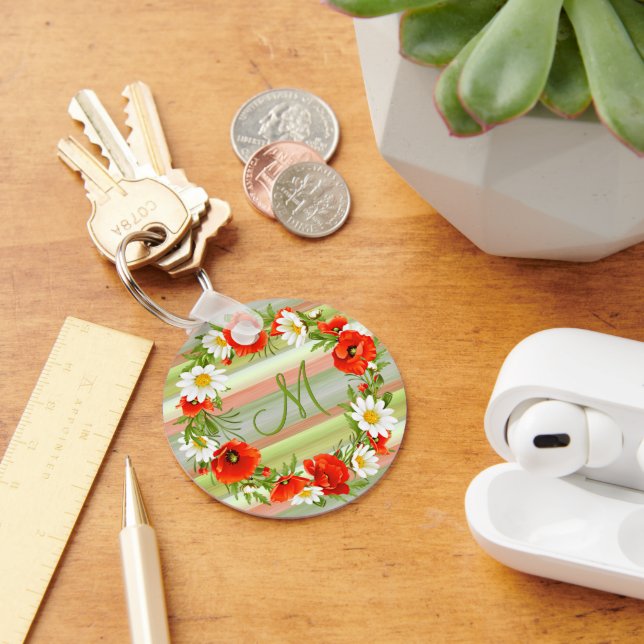 Custom Daisies Poppies Monogram Flower Wreath Keychain (Desk)