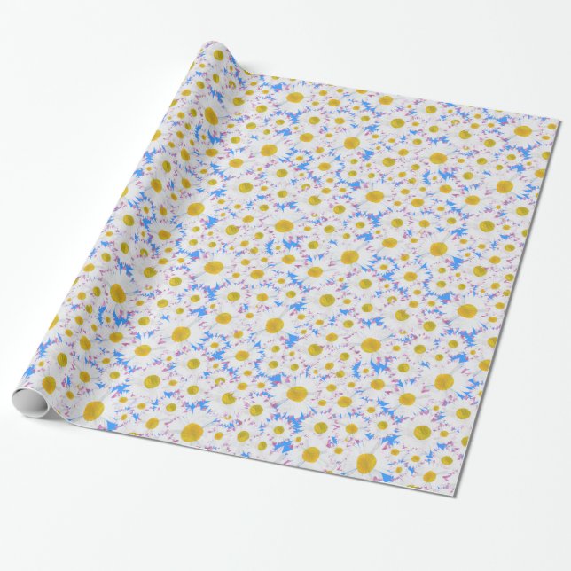 Custom Daisies Wrapping Paper: Yellow, White, Blue Wrapping Paper (Unrolled)