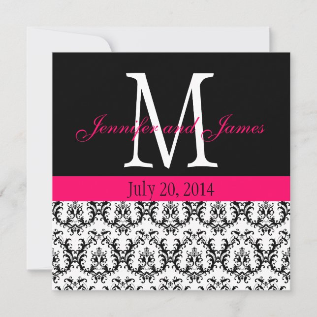 Custom Damask Monogram Wedding Invitation Hot Pink (Front)
