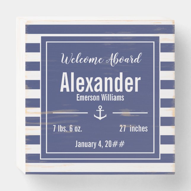 Custom Dark Blue and White Nautical Wooden Box Sign (Front Horizontal)