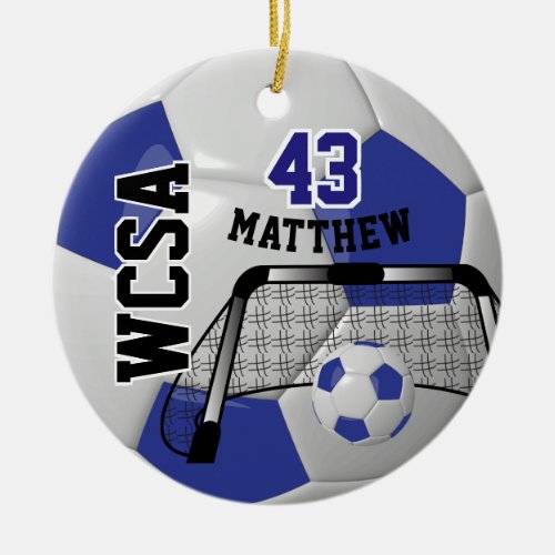 Custom Dark Blue and White Personalize Soccer Ball Ceramic Ornament