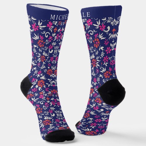 Custom Dark Blue Floral Pink White Pink Flowers Socks