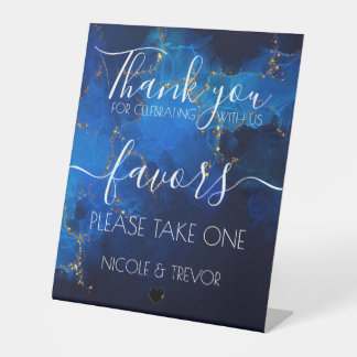 Custom Dark Blue Gold Calligraphy Favors Wedding Pedestal Sign