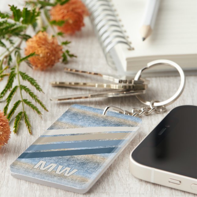 Custom Dark Blue Gray Taupe Brown Retro Stripes Keychain (Front Right)