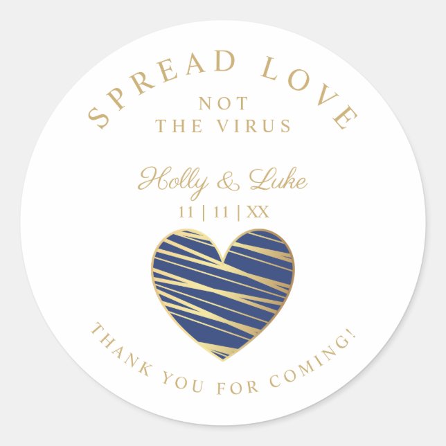 Custom Dark Blue Heart Wedding Sanitizer Hands Classic Round Sticker (Front)