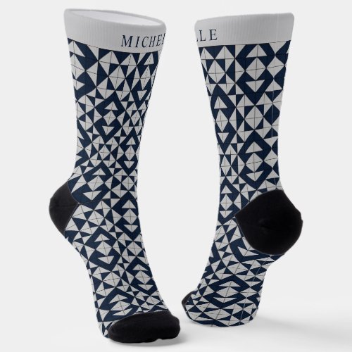 Custom Dark Blue Light Grey Geometric Pattern Socks