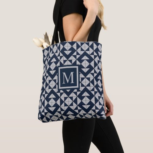 Custom Dark Blue Light Grey Geometric Pattern Tote Bag