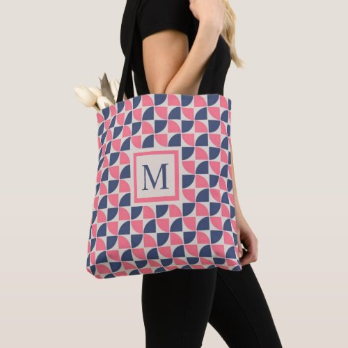 Custom Dark Blue Pink Grey Geometric Pattern Tote Bag