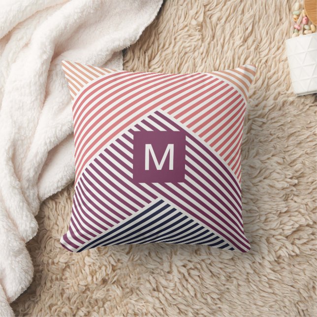 Custom Dark Blue Pink Red Orange Stripe Pattern Throw Pillow (Blanket)
