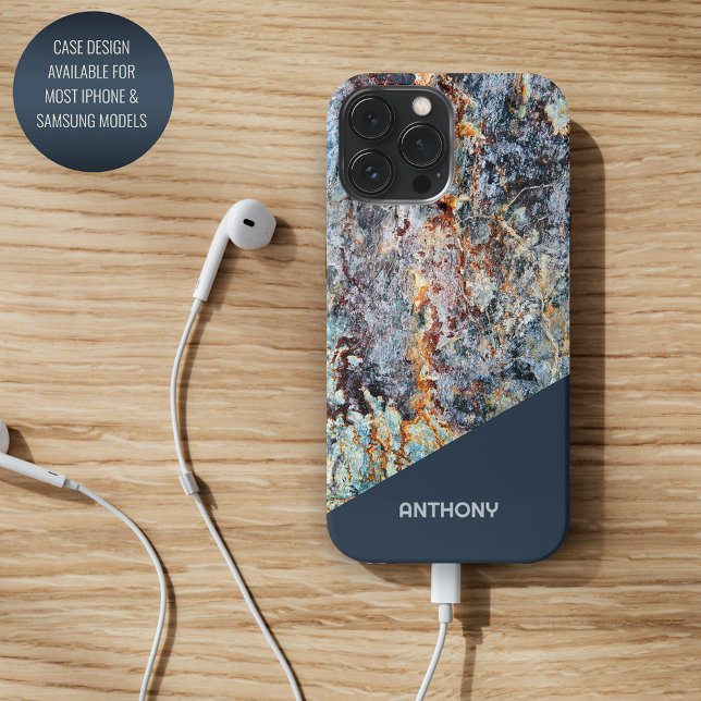 Custom Dark Blue Red Tan Black Faux Marble Pattern iPhone Case (Creator Uploaded)