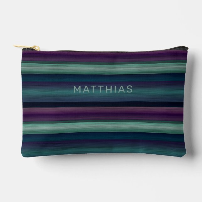 Custom Dark Blue Teal Green Black Purple Stripes Accessory Pouch (Front)