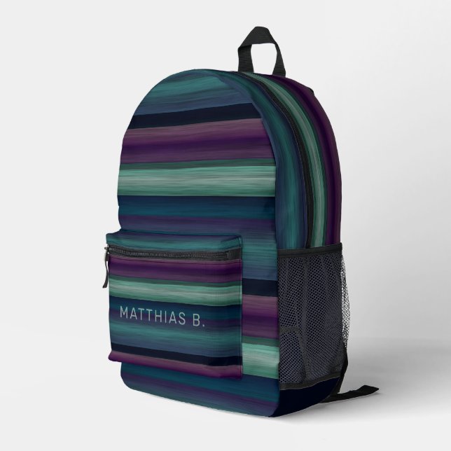 Custom Dark Blue Teal Green Black Purple Stripes Printed Backpack (Back Corner Right)