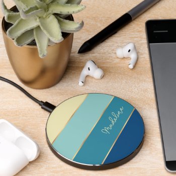 Custom Dark Blue Teal Mint Sage Green Stripes Art Wireless Charger by CaseConceptCreations at Zazzle