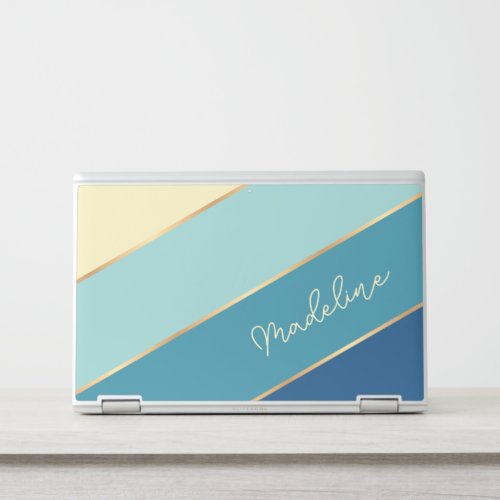 Custom Dark Blue Teal Pastel Yellow Stripe Art HP Laptop Skin