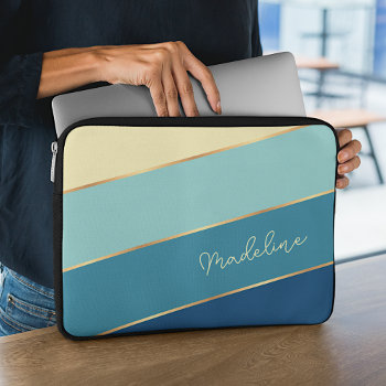 Custom Dark Blue Teal Pastel Yellow Striped Art Laptop Sleeve by CaseConceptCreations at Zazzle