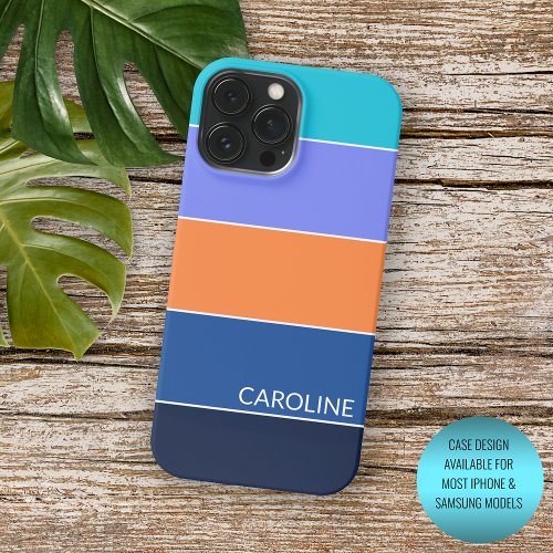 Custom Dark Blue Turquoise Orange Violet Stripes iPhone 15 Pro Max Case