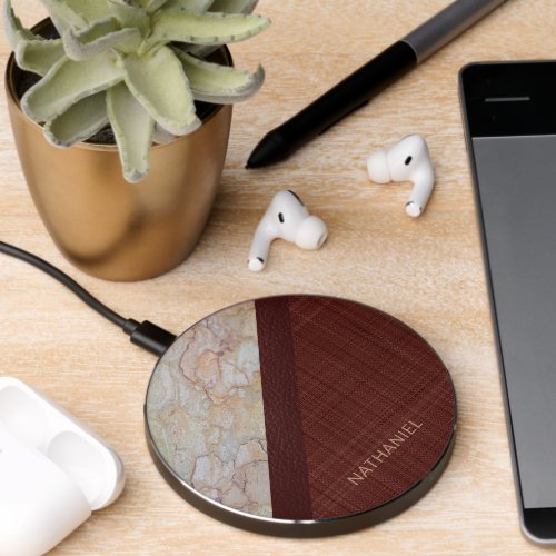 Custom Dark Burgundy Red Brown Leather Marble Look Wireless Charger