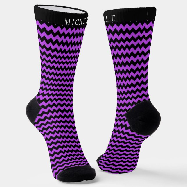 Custom Dark Deep Purple Black Chevron Pattern Socks (Angled)