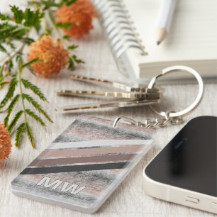 Custom Dark Gray Beige Brown Retro Stripes Keychain