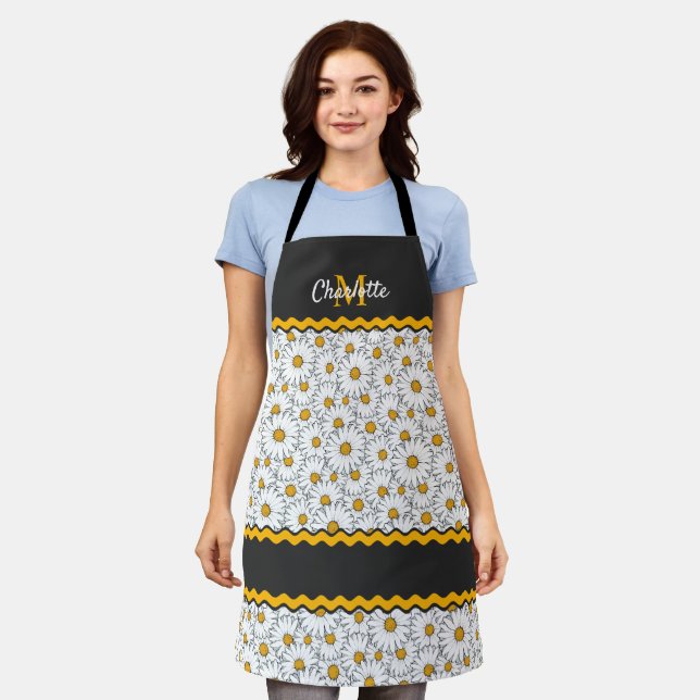Custom Dark Gray Black White Yellow Daisy Pattern Apron (Worn)