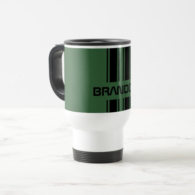 Custom Dark Green Black Auto Race Sport Stripes Travel Mug (Front Left)