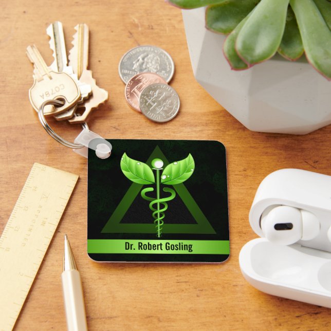 Custom Dark Green Caduceus Alternative Medicine Keychain (Desk)