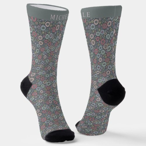 Custom Dark Green Grey Floral Blue Pink Flowers Socks