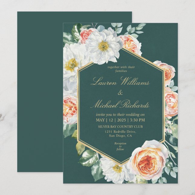 Custom Dark Green White Watercolor Floral Wedding Invitation (Front/Back)