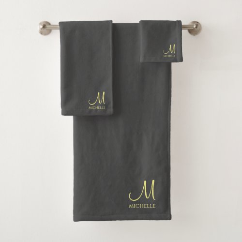 Custom Dark Grey  Gold Name Typography Monogram Bath Towel Set