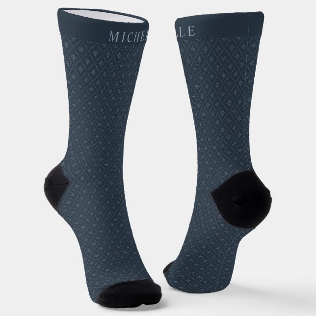 Custom Dark Grey Slate Blue Geometric Pattern  Socks (Angled)