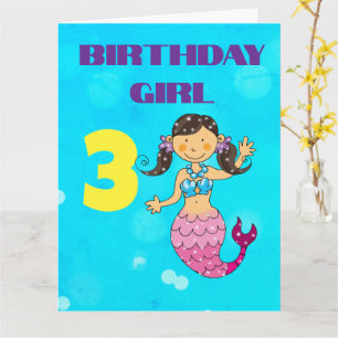 Custom Dark Hair Mermaid 3rd Birthday Girl Card