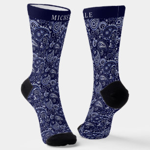 Custom Dark Light Navy Blue Paisley Pattern Socks