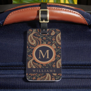 Custom Dark Navy Blue Beige Tan Paisley Pattern Luggage Tag
