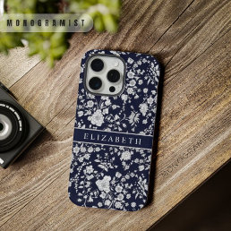 Custom Dark Navy Blue Floral Silver White Flowers iPhone 15 Pro Max Case