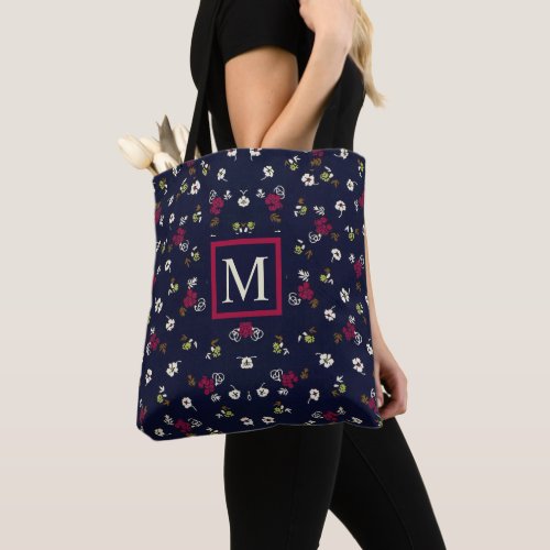 Custom Dark Navy Blue Floral White Objects Tote Bag