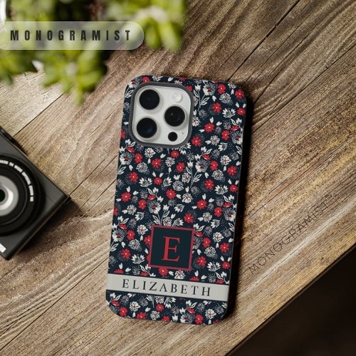 Custom Dark Navy Blue Floral White Red Flowers iPhone 15 Pro Max Case