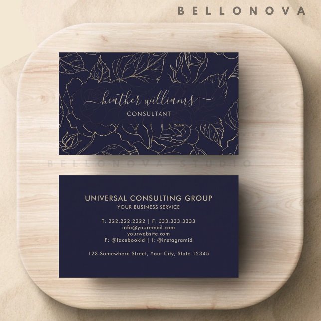 Custom Dark Navy Blue Gold Flower Professional Business Card (Custom Dark Navy Blue Gold Flower Professional Business Card)