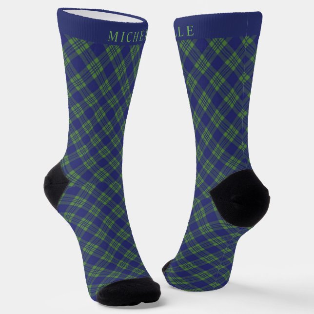 Custom Dark Navy Blue Green Checkered Pattern Socks (Angled)