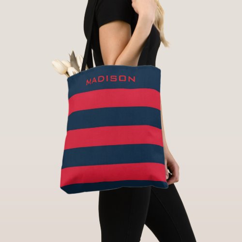 Custom Dark Navy Blue Red Pink Stripes  Tote Bag