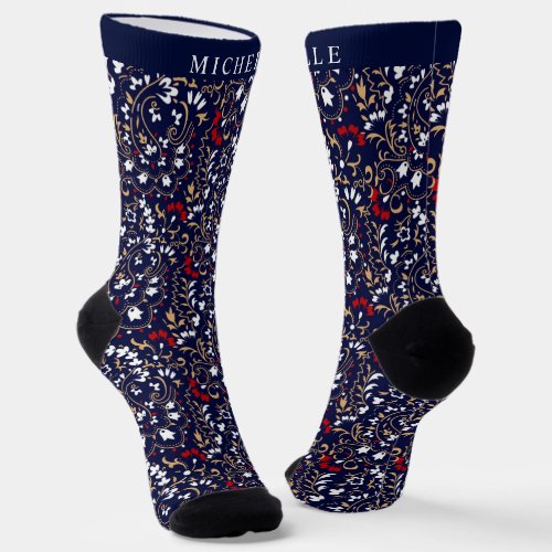 Custom Dark Navy Blue Red White Paisley Pattern Socks