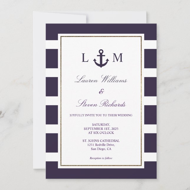 Custom Dark Navy Blue White Anchor Marine Wedding Invitation (Front)