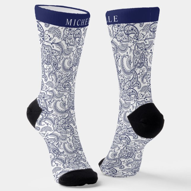 Custom Dark Navy Blue White Paisley Pattern Socks  (Angled)
